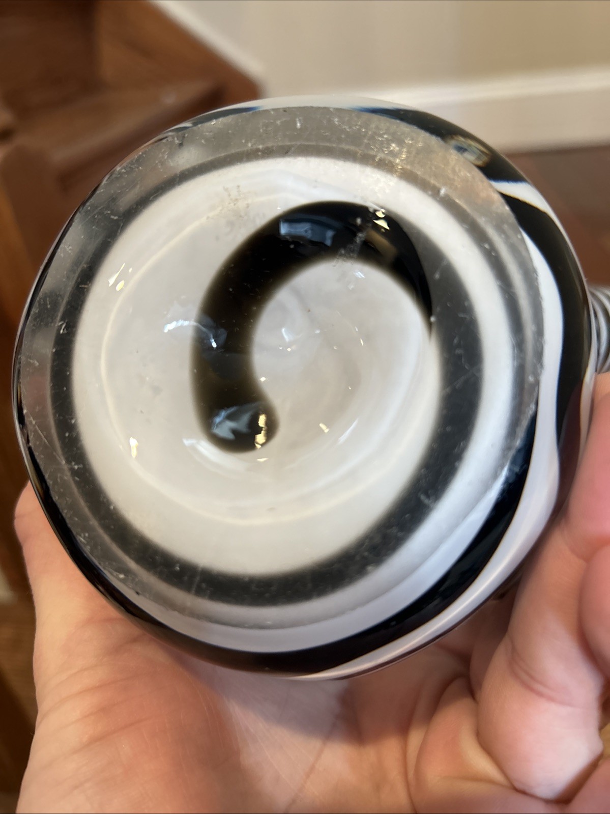 MCM Zorza Art Glass/Candle Holder Hand Made In Poland Black & White Zebra Swirl