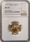 1991 $10 American Eagle 1/4 oz Gold Coin NGC MS 69