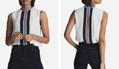 REISS White Blue Black Coral Stripe Pleated High-Neck Sleeveless Tank Top 8 US M