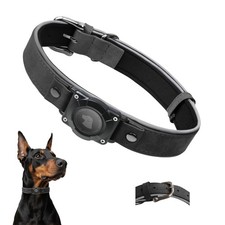 Leather AirTag Dog Collar IPX8 Waterproof Holder Reflective Padded Black L