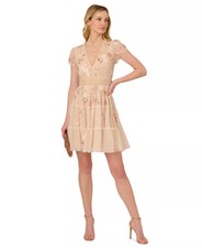 Adrianna Papell Beaded Cocktail Dress 18 Pale Pink V-Neck Sequin Pearls NWT $249