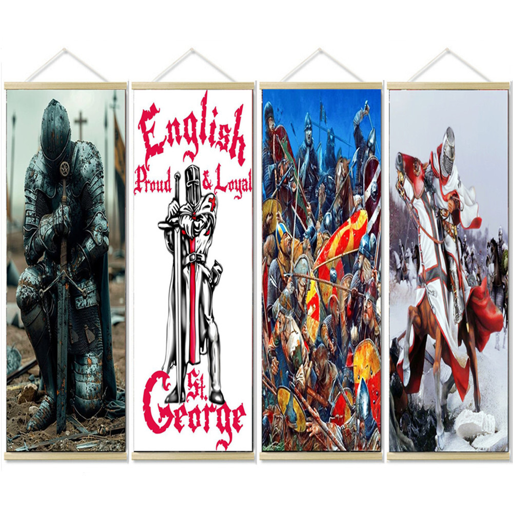 4 PCS Vintage Knights Templar Solid Wood Scroll Painting Wall Art Decor Poster