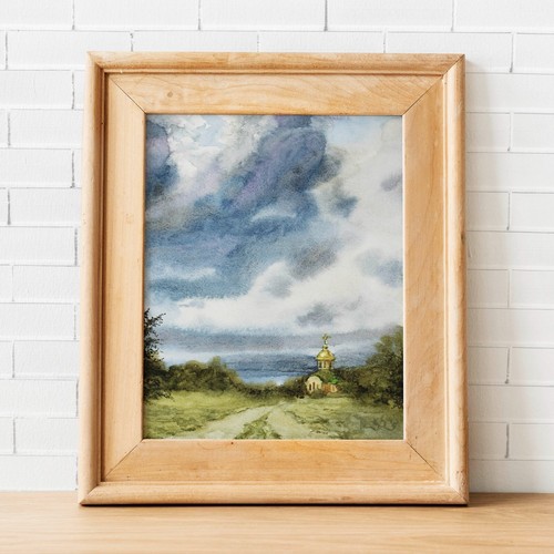 Landscape Ukrainian Church Art Original Watercolor Painting Nature Country Cloud - Picture 4 of 9