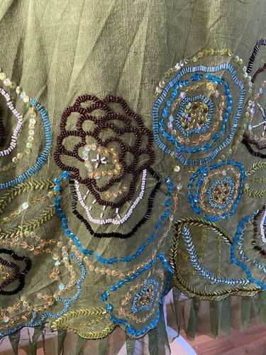 Women’s Corduroy Boho Hippie Skirt S 10 Olive Green Sequins Beading - Foto 5 di 7