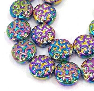 13mm Rainbow Peacock Glass AB Plated Carved pattern Disc Beads Metallic (13pc)