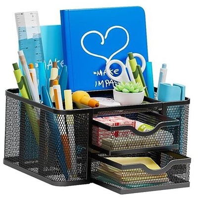  Mesh Desk Organizer, Pen Organizer with 2 Drawer, Multi-Functional Black