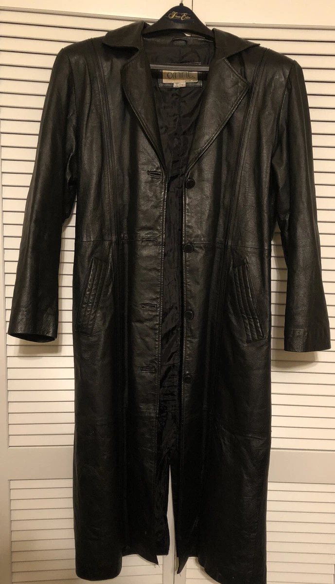 Comint Full Length Black Leather Women s Coat Size L Winter Excellent Condition