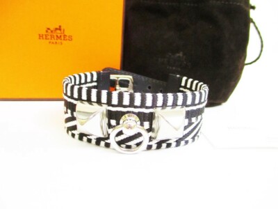 Auth HERMES Black White Canvas Leather Bangle Bracelet Collier de