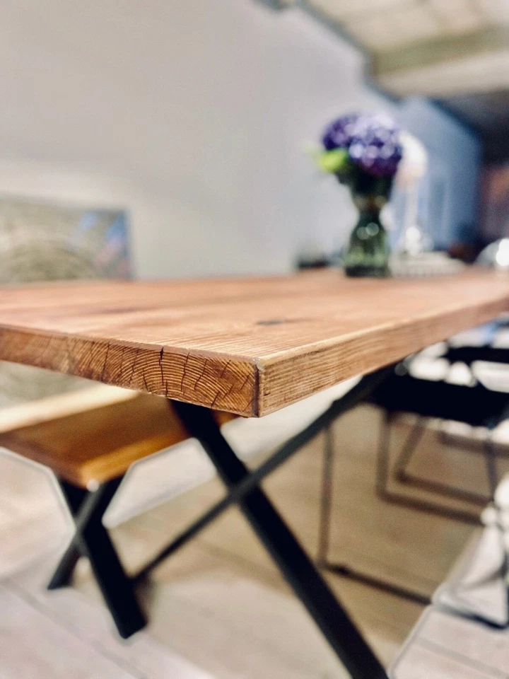 X Leg Dining Table Bench Industrial Rustic Kitchen Table Thick Wood Steel Legs - Image 3 of 4