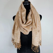 Pashmina Style Women's Scarf Beige & White Paisley Pattern 68x27 Luxurious Feel