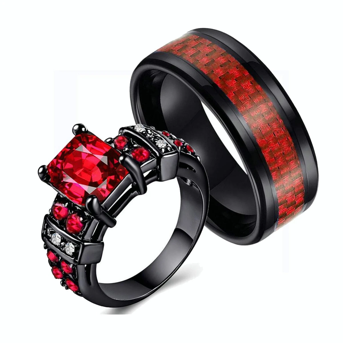 Matching Skull Rings Couple Ring Gold Plated Red 1CT CZ Women