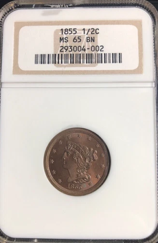 1855 BRAIDED HAIR HALF CENT NGC MS65 LOOKS PROOF LIKE WITH RED GOLD BEAUTIFUL