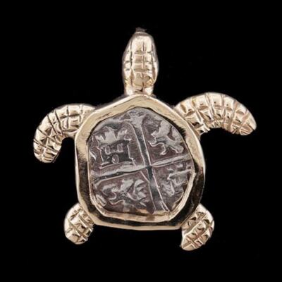 Atocha Sunken Treasure Jewelry - Small Silver Coin 14K Gold Turtle Pendant