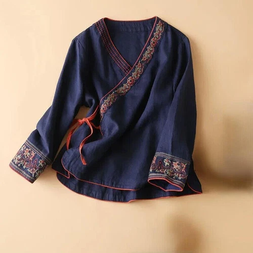 Damen Blumen bestickt Top Ethno Retro Shirt V-Ausschnitt Hanfu Cardigan Shirt Gr. - Bild 7 von 11