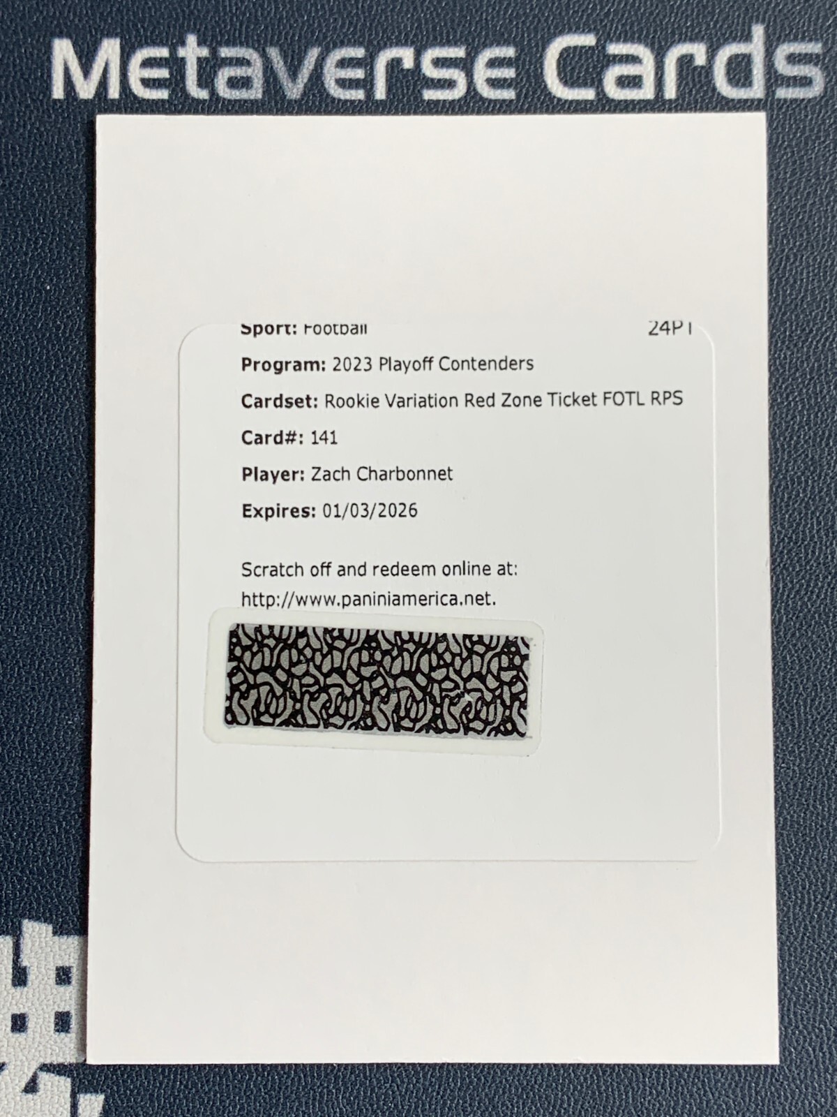 2023 Contenders Zach Charbonnet RC Variation Red Zone Ticket Auto RPS Redemption