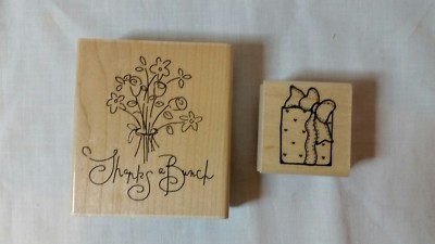 TWO WOOD RUBBER STAMPS JRL DESIGN CO   ' THANKS A BUNCH ' & ' WRAPPED UP GIFT ' 