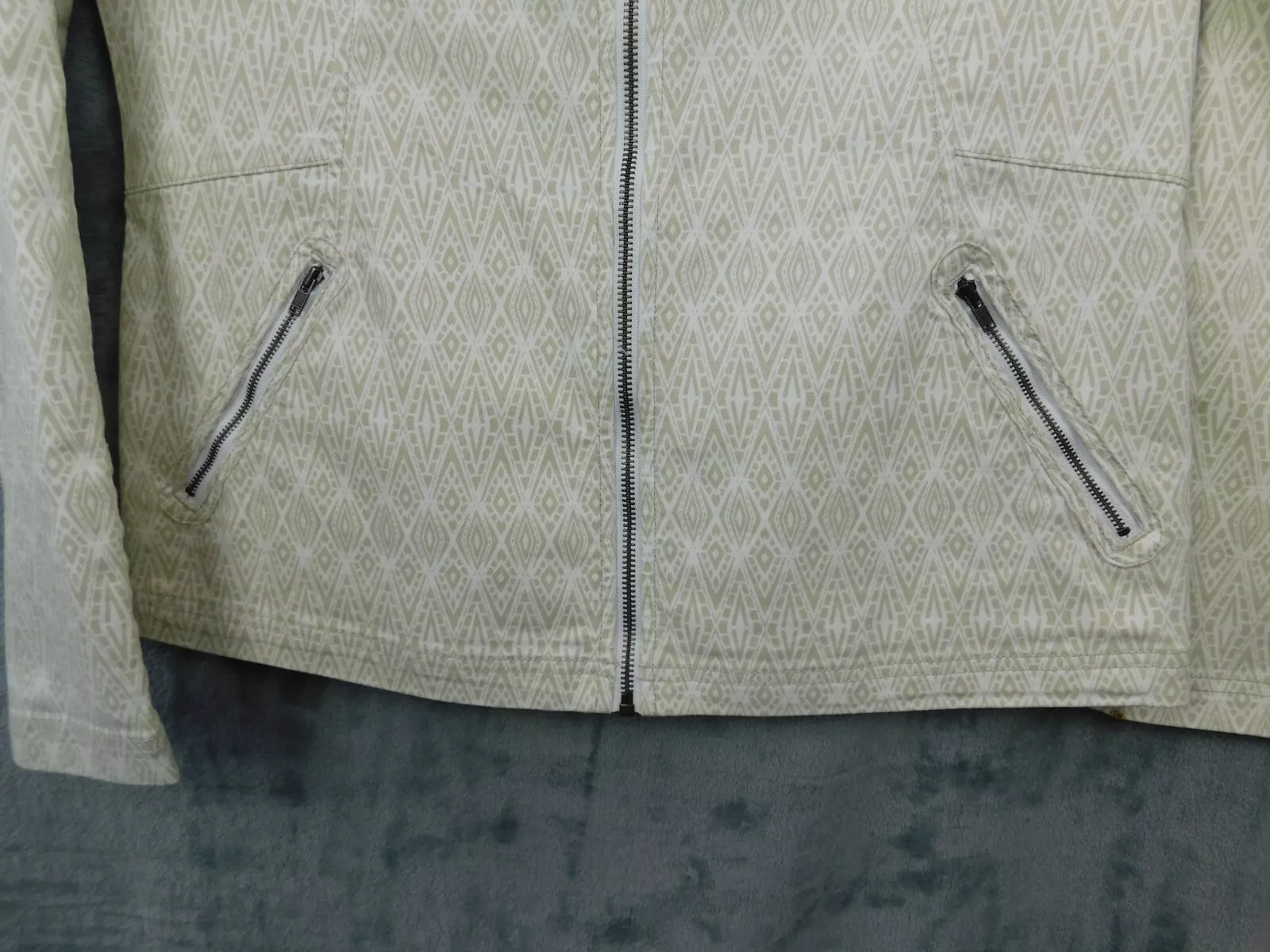 prana organic cotton zip up geometric print collared jacket