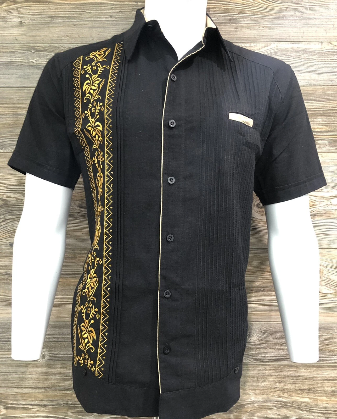 Men Handcrafted Mexico Guayabera Shirt Black Short Sleeve Gold Embroidery
Opens in a new window or t