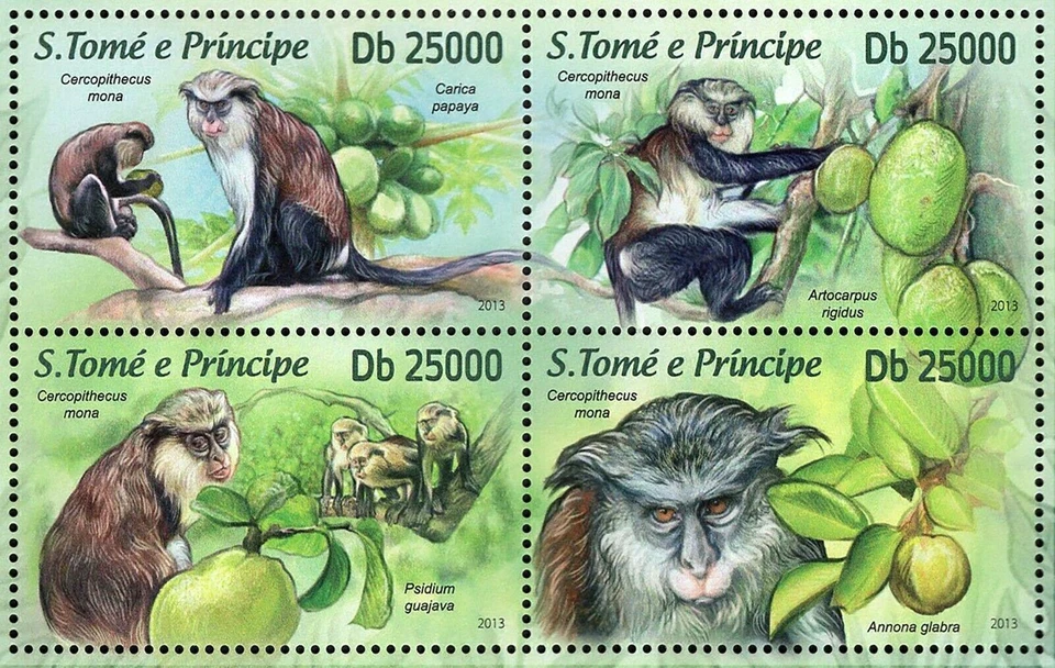 Mona Monkeys Stamp Bundle Cercopithecus Mona Carica Papaya S/S MNH #5136-5139 - Image 3 of 4