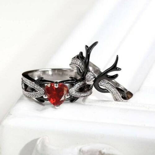 Herz Granat Lab Created Diamant schwarzer Hirsch 14 kt Weißgold Finish Geschenk Ring Set - Bild 1 von 10