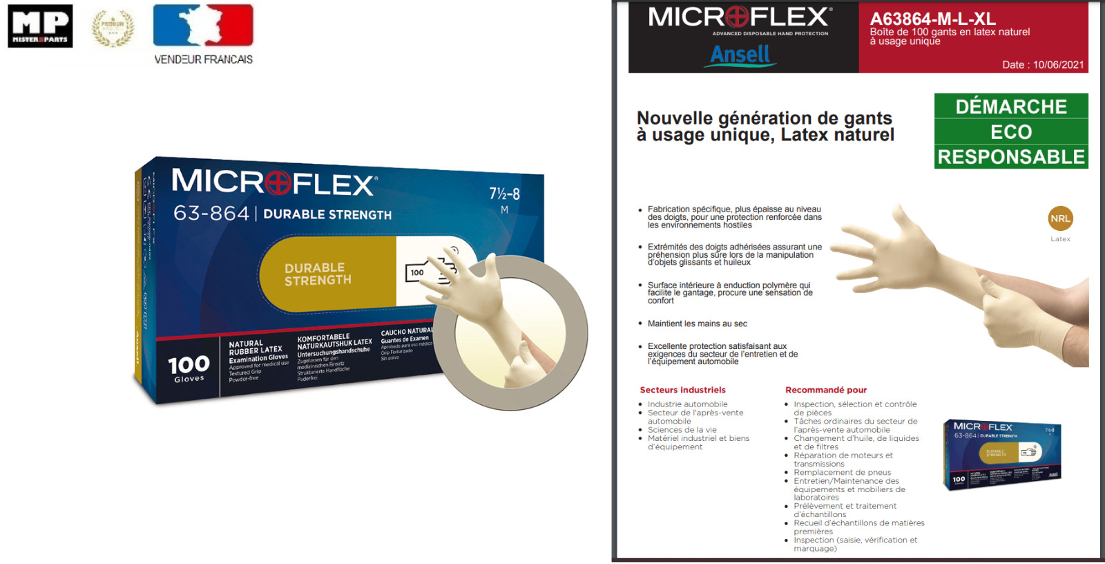 Gants latex naturel Ansell Microflex blanc de protection industrielle et mécanique, x100