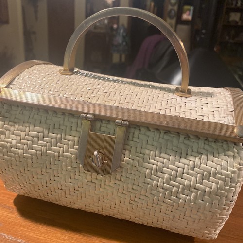 Vintage MCM 50er Off White Korb Gold Hardware Handtasche gewebte harte Seitentasche - Bild 2 von 11