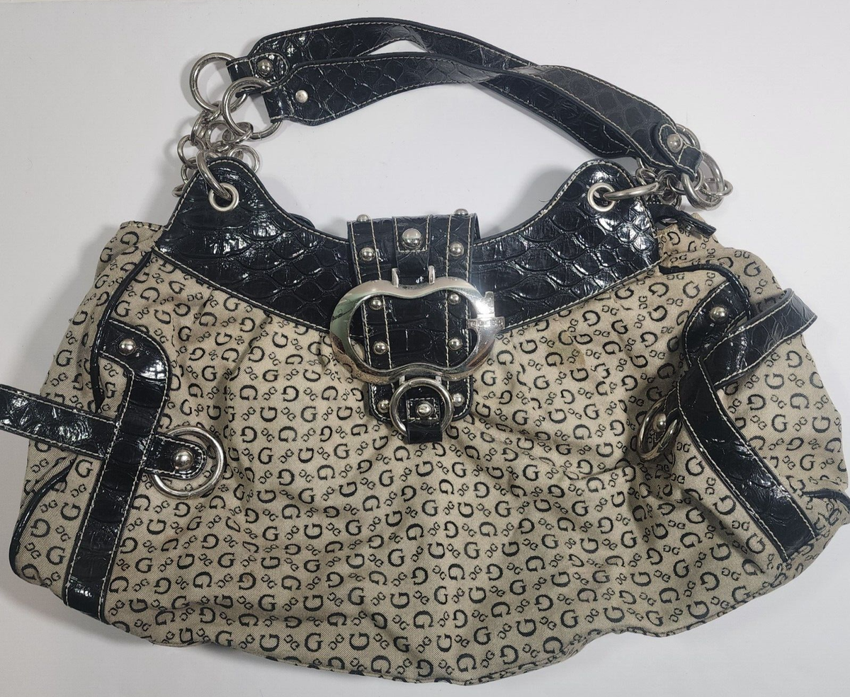 Vintage Y2K Guess Brown Monogram Log Canvas Buckle Shoulder