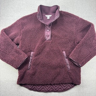 Athleta Cozy Sherpa Snap Sweatshirt Burgundy Fleece Pullover Quilted Size Medium