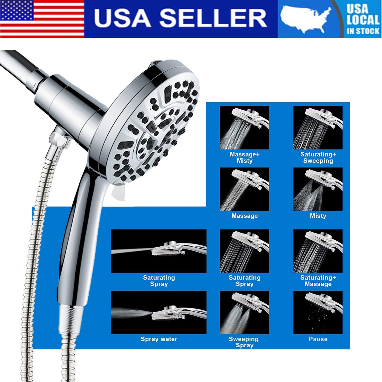 High Pressure Shower Head with Handheld 10 Spray Modes Magnetic Shower Head US⭐