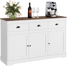White Buffet Cabinet Storage Sideboard Farmhouse Server Bar Wine Cabinet with 3 