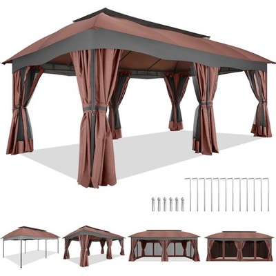 12x20ft Heavy Duty Gazebo with Curtains Double Roof Outdoor Garden Canopy Tent