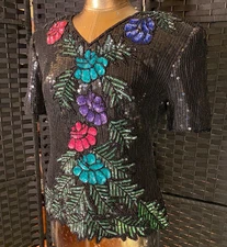 Vintage Black COLORFUL BEADED SEQUIN TOP Small SILK Floral Raiment Fashion y2k