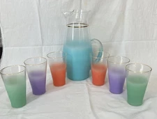 Blendo Frosted Pastels Pitcher and Tumblers Set W. Virginia Glass Vtg 1950's
