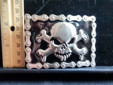 Vintage Skull Crossbones Pirate Flag Chain Link Border Belt Buckle Used