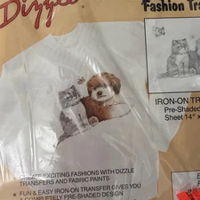 Vintage Deadstock  New in Package 90s Dizzle Iron On Puppy Kitten Transfer 
