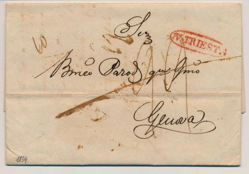 AUSTRIA EX PROVERA 1834 letter (price list) with red stamp V. Trieste (Kü)