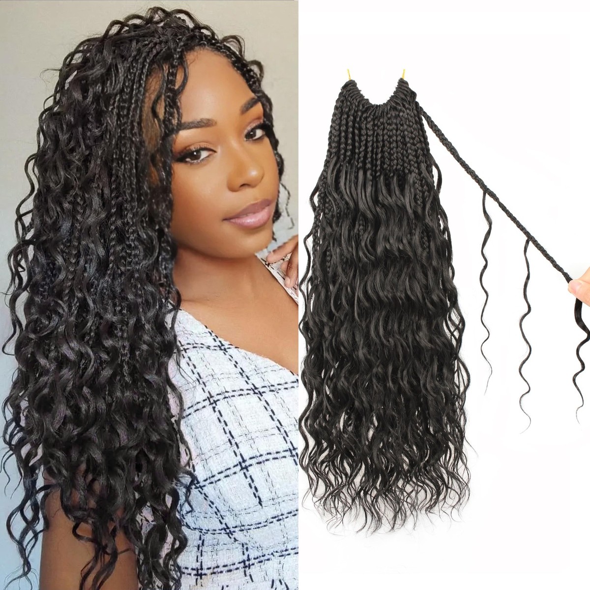14 Inch Pre-Looped Goddess Box Braids Crochet Hair Extensions Protein Fiber Beverlee 14 Inch Boho Box Braids 8 Packs with Curly Ends 53  main image 2