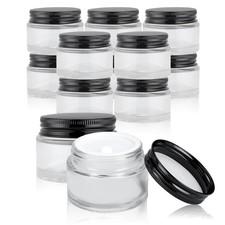 12 Pack 1oz Clear Glass Jars with Black Metal Lids for Cosmetics Travel