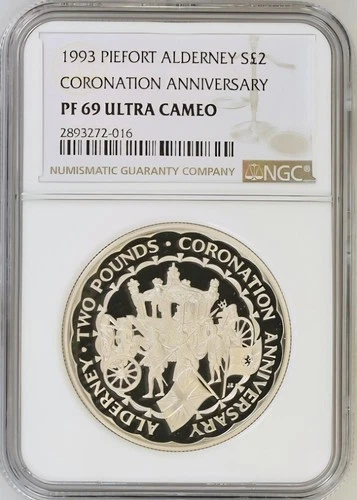 TOP POP 1993 Alderney Silver Piefort £2 Coronation Ann. NGC PF69 DOUBLE THICK 