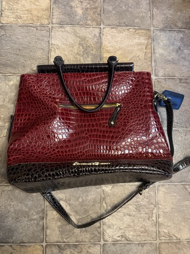 Samantha Brown Carry-on Dowel Bag Burgundy and Brown Embossed Croc Gold Hardware