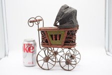 Vintage Miniature Baby Stroller Buggy Pram Doll Carriage 11.5" Wicker Metal Hood