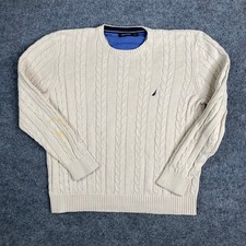 Nautica Sweater Mens XL Beige Cable Knit Crewneck Classic Logo Cotton