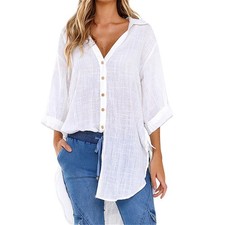 Womens Long Sleeve Linen Shirt Ladies Casual Baggy Button-up Plain Blouse Tops🎁