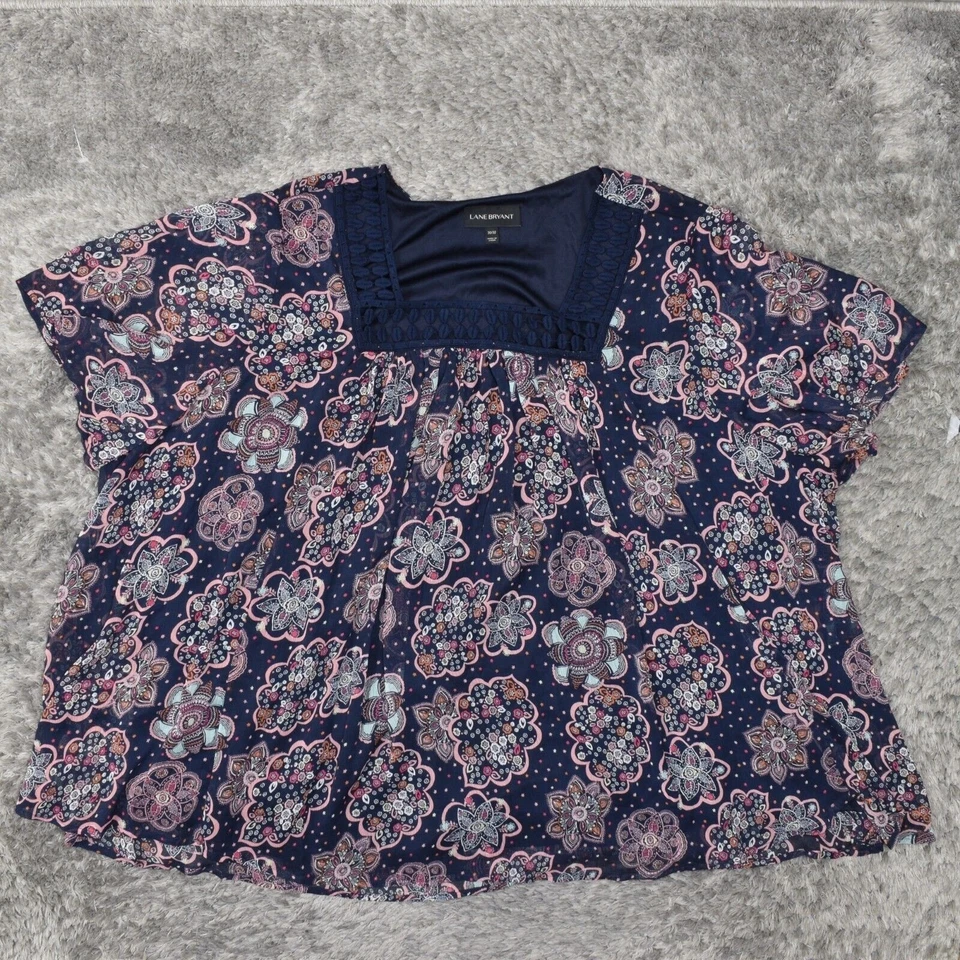 Lane Bryant Women's Plus Size 30/32 Blouse Top Short Sleeve Blue Paisley Polyest - Image 2 of 4