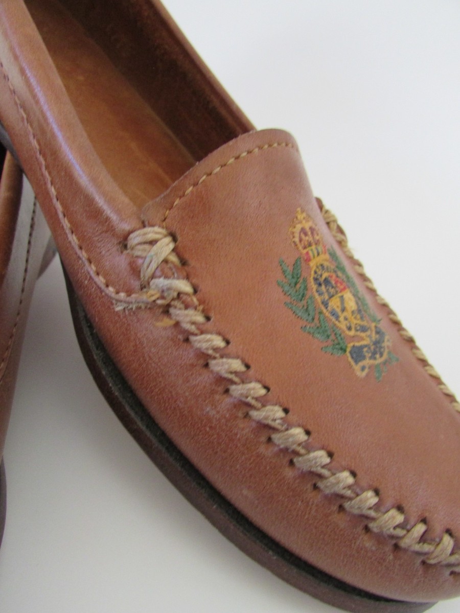 VTG 80's RALPH LAUREN Tan Leather Loafers Polo Crest Logo Bench