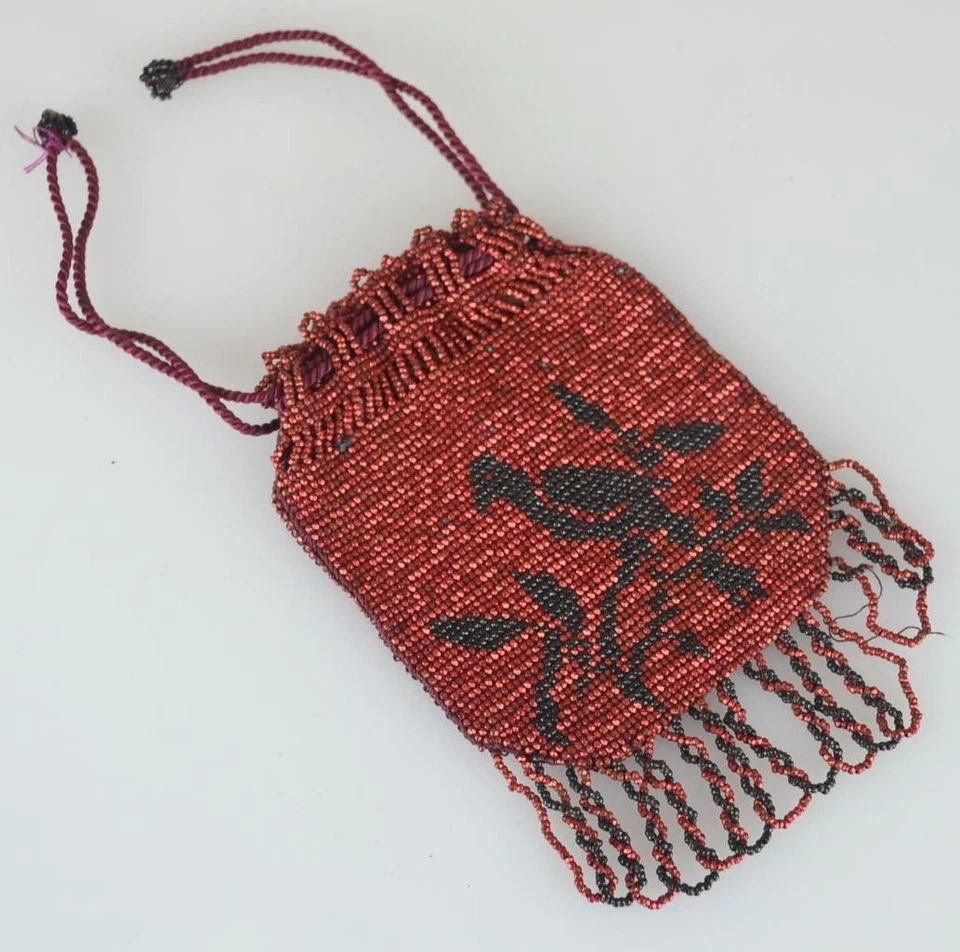 VICTORIAN FRENCH CHILDREN'S MICRO BEAD BIRD DRAWSTRING PURSE FLAPPER - 3 1/4" - Image 3 of 3