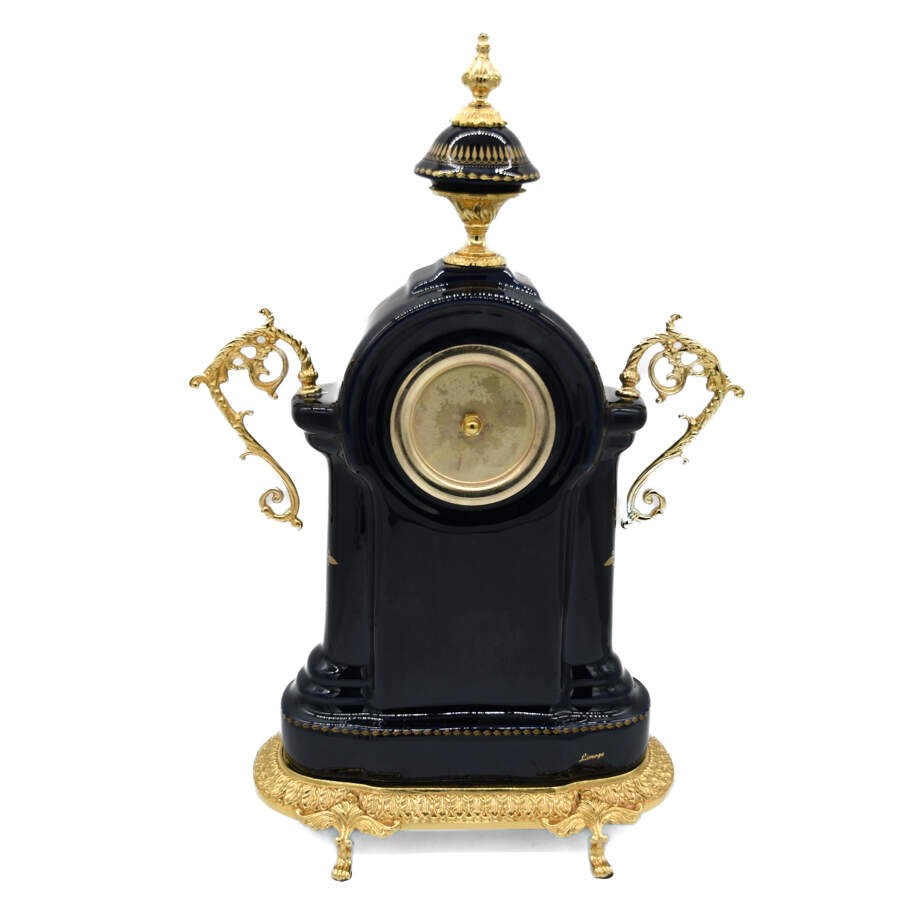 Limoges Sèvres Style Porcelain Cobalt and Gilt Mantel Clock
