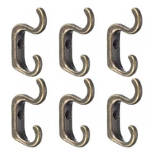 Wall Hooks, 6Pcs - Zinc Alloy Double Prong Mini Small Retro Hook (Bronze)