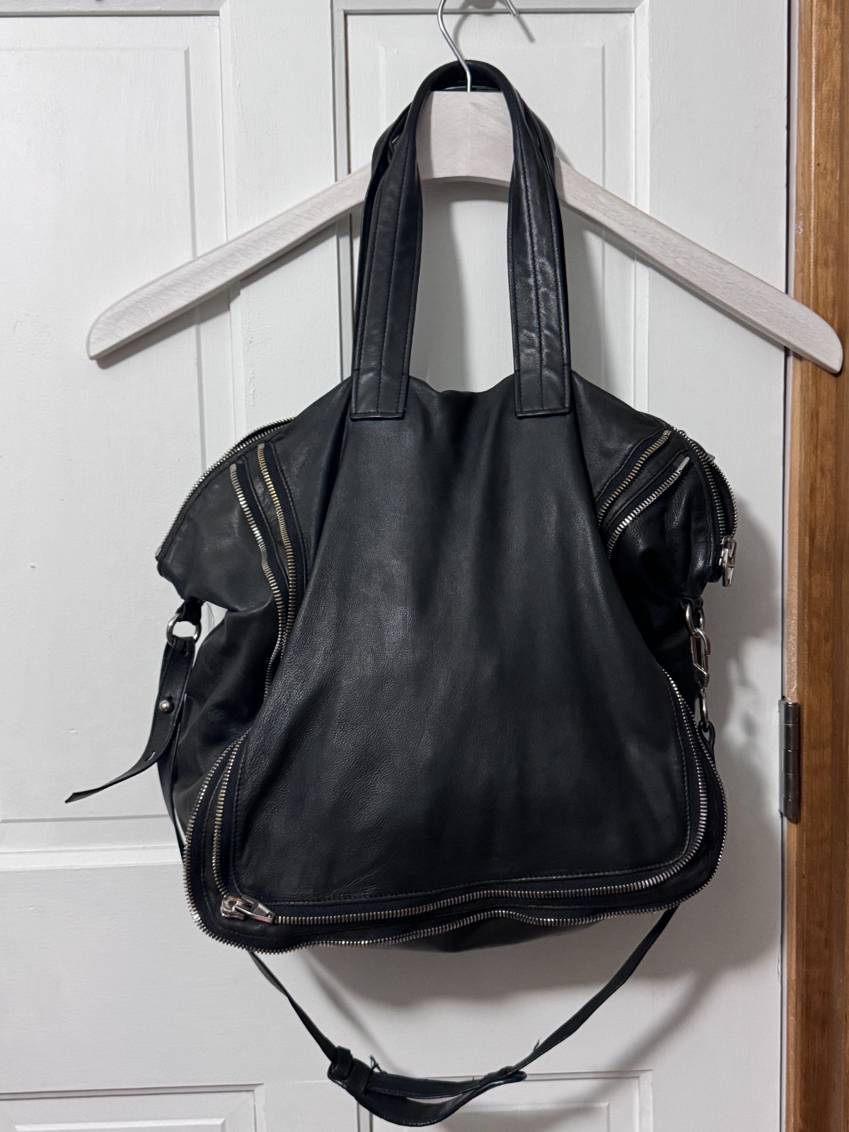 Alexander Wang Trudy Black Leather Zip Around Tote Shoulder Bag Crossbody Strap