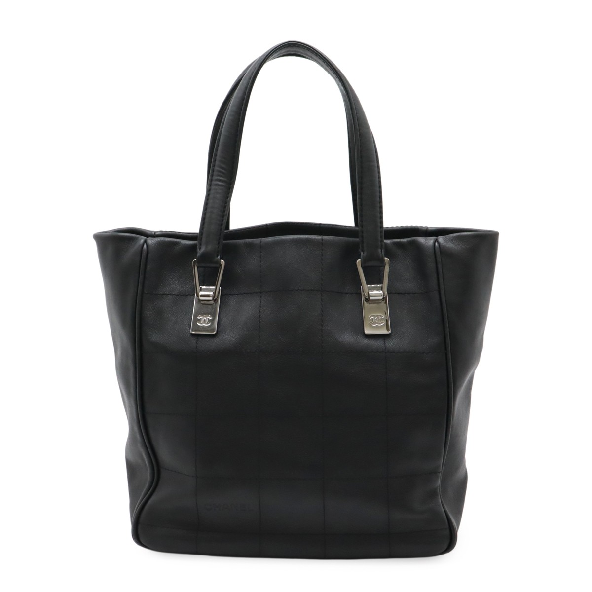 CHANEL Black Lambskin Leather Chocolate Bar Tote Bag with Silver Hardware